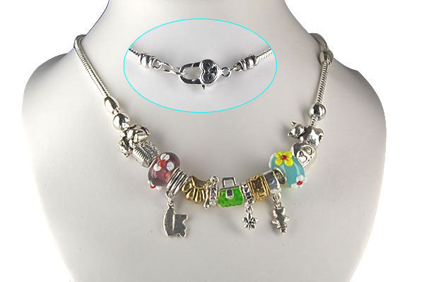 Pandora Style Necklace w/ Purple Blue Lampwork Beads, "Silver Spoon", 16"