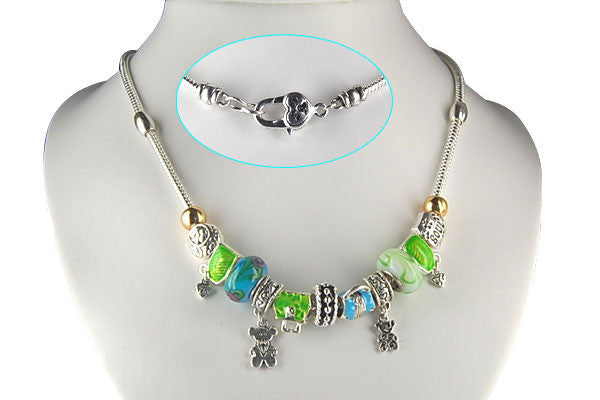 Pandora Style Necklace w Blue Green Lampwork Beads