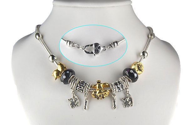 Pandora Style Necklace w/ Black Lampwork Beads, "Golden Elephant" 16"