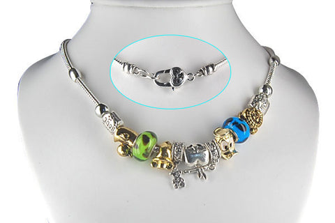 Pandora Style Necklace w/ Blue Green Lampwork Beads, "Disney", 16"