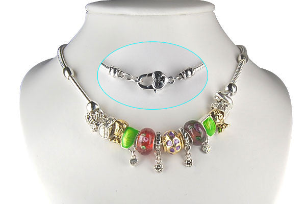 Pandora Style Necklace w/ Red Lampwork Beads, "Travel", 16"