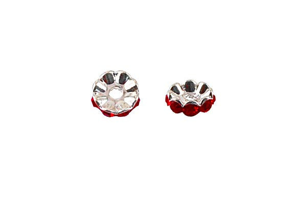 Silver-Plated Rondelle w/Crystal Rhinestones, Red, 4x10mm, Curve Edge