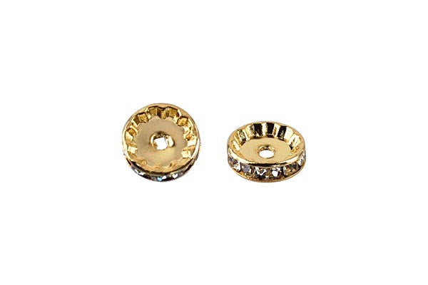 Gold-Plated Rondelle w/Crystal Rhinestones, White, 4x12mm, Curve Edge