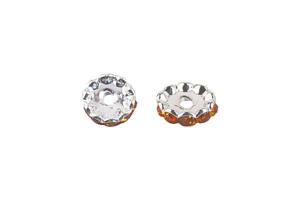 Silver-Plated Rondelle w/Crystal Rhinestones, Yellow, 4x12mm, Curve Edge
