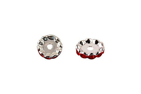 Silver-Plated Rondelle w/Crystal Rhinestones, Red, 4x12mm, Curve Edge