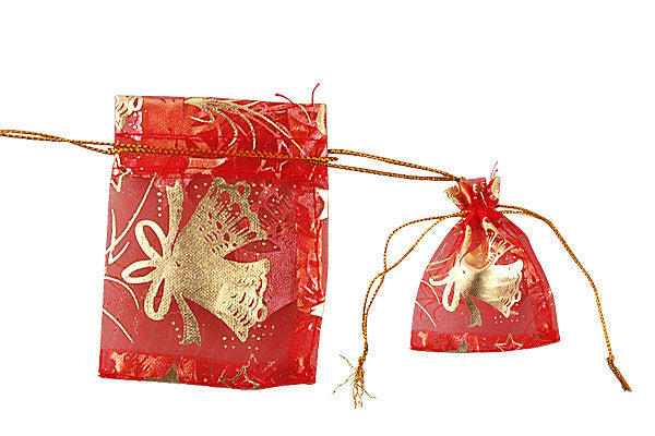 Organza Gift Pouch, Christmas Jingle Bells, Red, 50x70mm