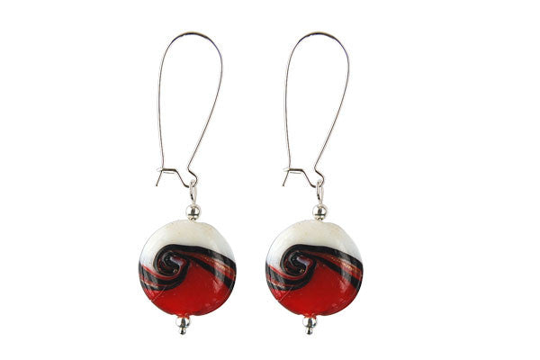 Murano Foil Glass Button with Earrings (AB11 Garnet Red with White)