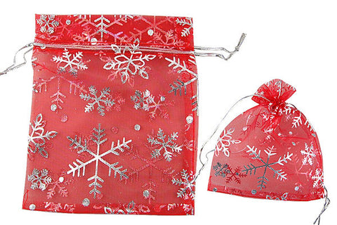 Organza Gift Pouch, Christmas Snowflake, Red, 100x120mm