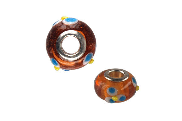 Lampwork Rondelle with Silver-Plated Core (Brown w/Blue Flowers), 10x15mm