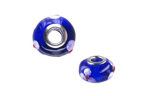 Lampwork Rondelle with Silver-Plated Core (Blue w/ White Flowers), 10x15mm