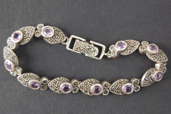 Sterling Silver Oxidized Owl with Amethyst Bracelet, 8"