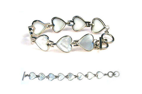 Sterling Silver White Mother of Pearl Hearts Bracelet, 8"