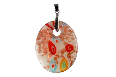 Pendant Murano Foil Glass Flat Oval With Bail (White)