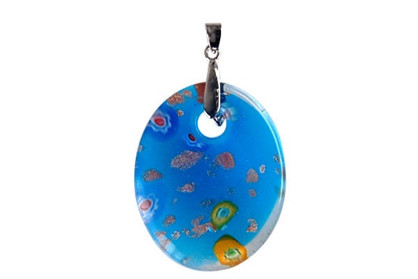 Pendant Murano Foil Glass Flat Oval With Bail (Sky Blue)