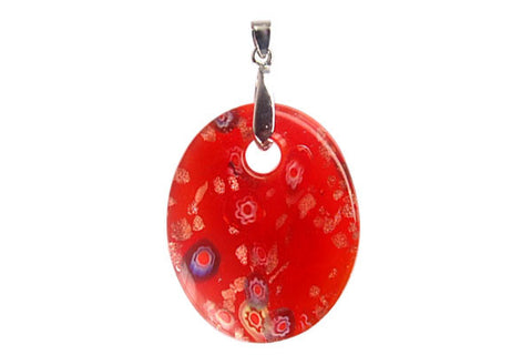Pendant Murano Foil Glass Flat Oval With Bail (Red)