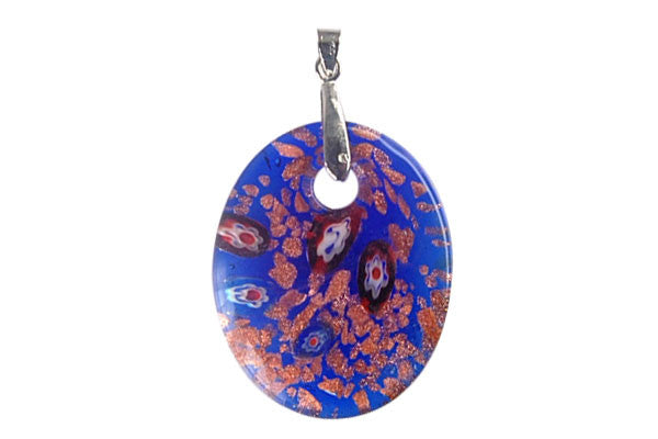 Pendant Murano Foil Glass Flat Oval With Bail (Blue)