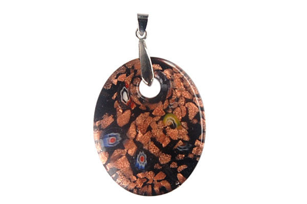 Pendant Murano Foil Glass Flat Oval With Bail (Black)