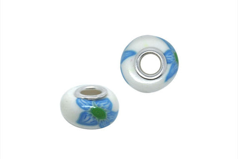 Fimo Rondelle w/Silver-Plated Core (White w/Blue Flowers), 10x15mm