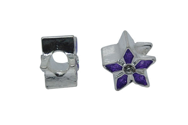 Metal Alloy Beads Silver Purple 5-Petal Flower w/Rhinestone, 7.5x11mm