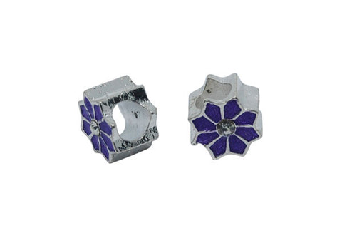 Metal Alloy Beads Silver Purple 8-Petal Flower w/Rhinestone, 7.5x11mm