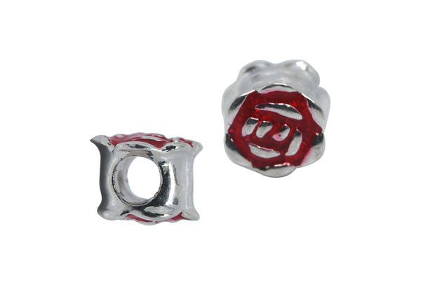 Metal Alloy Beads Silver Red Rose, 9x11mm