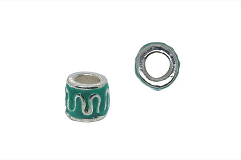 Metal Alloy Beads Tube w/Lines & Green Enamel (Silver-Plated), 9x10mm