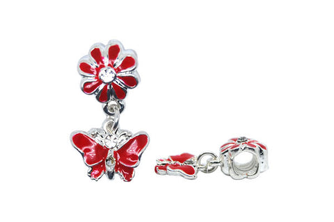 Silver-Plated Charm Red Daisy w/ Red Butterfly & Rhinestones, 13x23mm