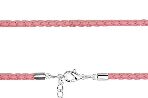 Pandora Style Bracelet, Pink Leather Braided Cord W/Lobster Clasp & Extender, 3mm