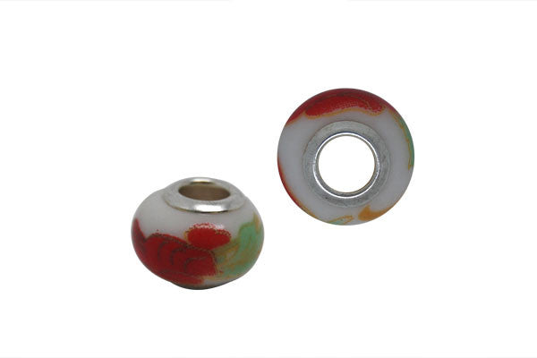 Porcelain Rondelle w/Silver-Plated Core (Green Leaf and Red Flowers), 10x15mm