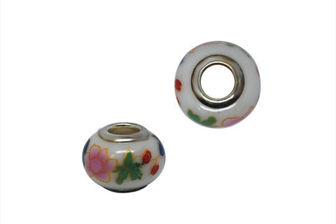 Porcelain Rondelle w/Silver-Plated Core (Green Leaf w/Pink Flowers), 10x15mm