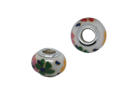 Porcelain Rondelle w/Silver-Plated Core (Multicolor Flowers), 10x15mm