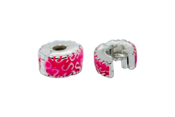 Silver-Plated Clip & Lock Stopper Rondelle w/"S" & Pink Enamel, 6x10mm