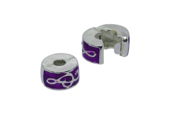 Silver-Plated Clip & Lock Stopper Rondelle w/Clef & Purple Enamel, 6x11mm