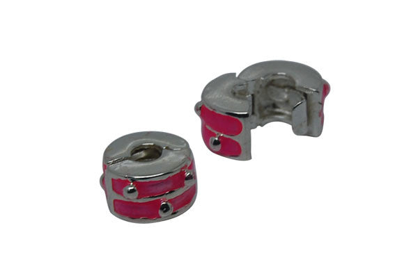 Silver-Plated Clip & Lock Stopper Rondelle w/Dots & Pink Enamel, 6x10mm