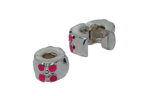 Silver-Plated Clip & Lock Stopper Rondelle w/Pink Enamel Dots, 7x10mm