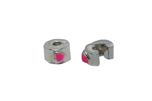 Silver-Plated Clip & Lock Stopper Rondelle w/Pink Heart Enamel, 6x13mn