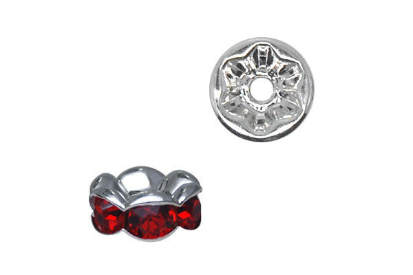 Silver-Plated Rondelle w/Crystal Rhinestones, Red, 3x6mm, Curve Edge