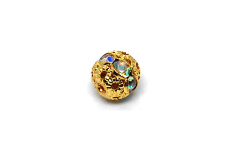 Gold-Plated Brass Round w/AB Color Rhinestone, 8mm
