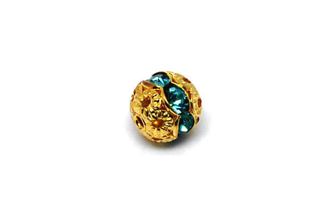Gold-Plated Brass Round w/Aqua Rhinestone, 8mm
