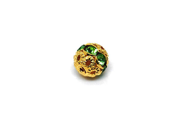 Gold-Plated Brass Round w/Green Rhinestone, 6mm