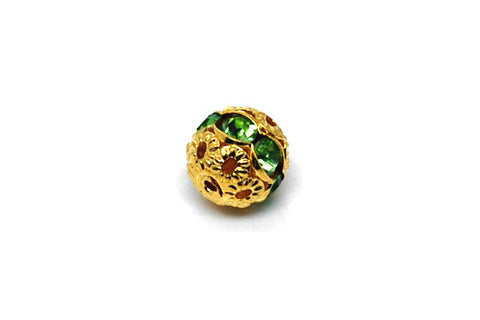 Gold-Plated Brass Round w/Green Rhinestone, 8mm