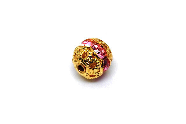 Gold-Plated Brass Round w/Pink Rhinestone, 8mm