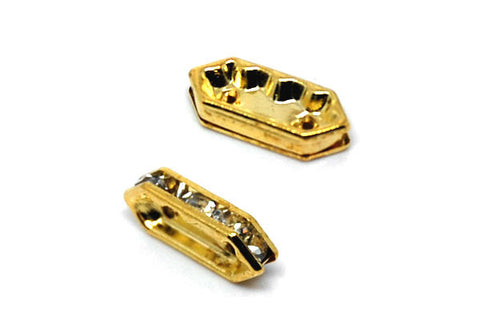 Gold-Plated Brass Spacer Diamond 2 Hole w/Rhinestone, 6x15mm