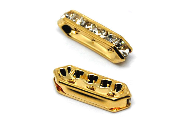 Gold-Plated Brass Spacer Diamond 3 Hole w/Rhinestone, 6x18mm