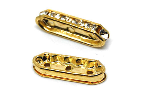 Gold-Plated Brass Spacer Diamond 3 Hole w/Rhinestone, 7x21mm
