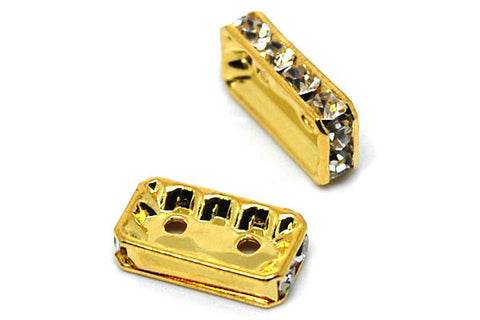 Gold-Plated Brass Spacer Rectangle 2 Hole w/Rhinestone, 8x15mm
