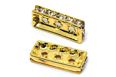 Gold-Plated Brass Spacer Rectangle 3 Hole w/Rhinestone, 8x19mm