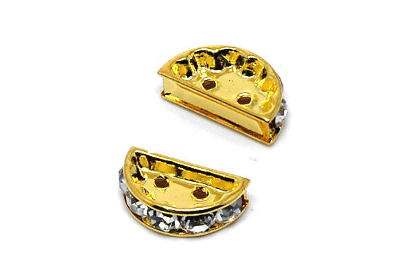 Gold-Plated Brass Spacer Semicycle 2 Hole w/Rhinestone, 7x12mm