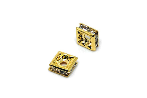 Gold-Plated Brass Spacer Square w/Rhinestone, 6mm