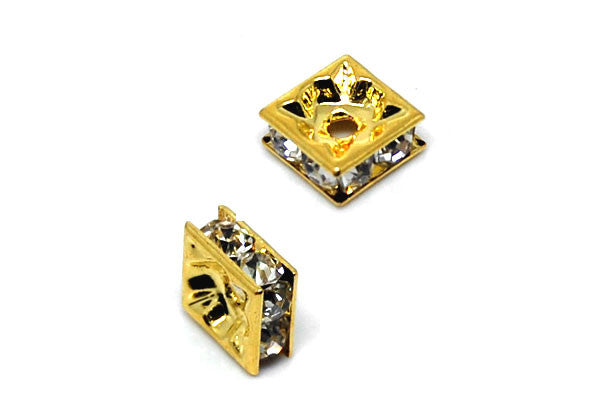 Gold-Plated Brass Spacer Square w/Rhinestone, 8mm